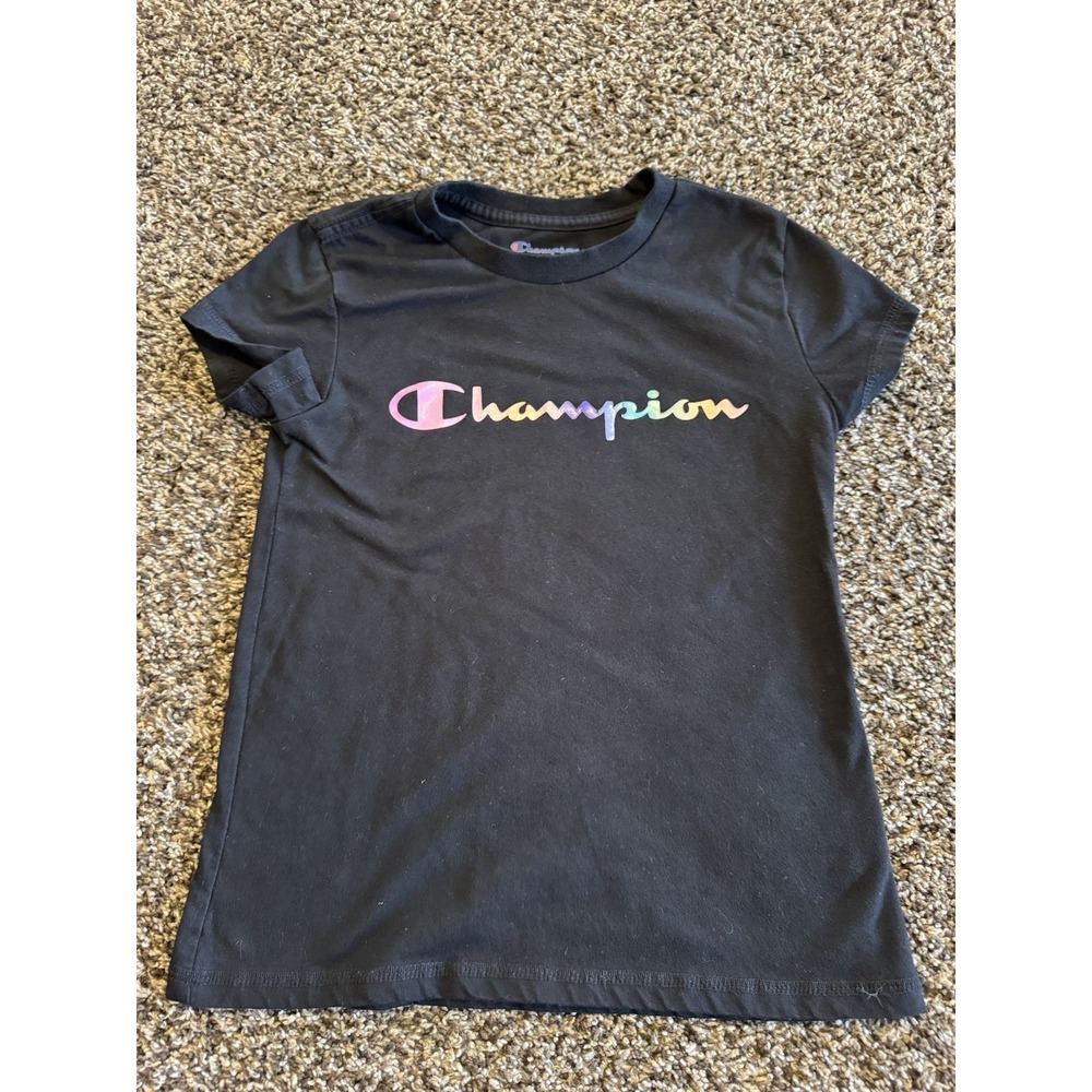 Champion T-Shirt Girls Small 7/8 Black Kids Rainbow Script Logo